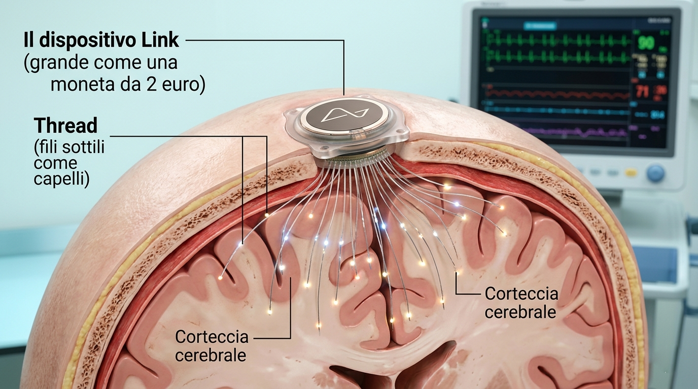 Infografica medica che mostra una sezione trasversale di un cervello umano. Sulla parte superiore del cranio è impiantato un dispositivo circolare grigio chiamato.
