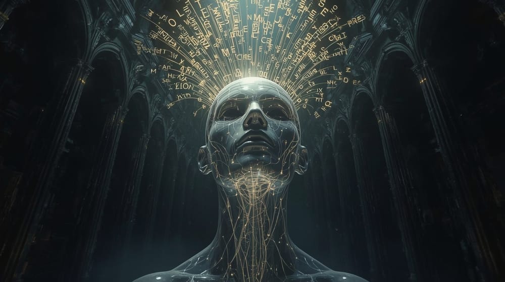 Testa umanoide traslucida in un ambiente simile a una cattedrale gotica. Linee luminose neurali attraversano il volto e il collo. flussi di caratteri dorati emergono dalla testa verso l’alto.