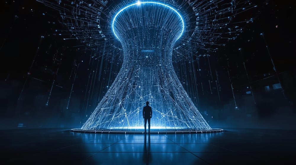 Figura umana davanti a un’enorme struttura digitale luminosa che rappresenta una rete neurale in rapida crescita. atmosfera futuristica.