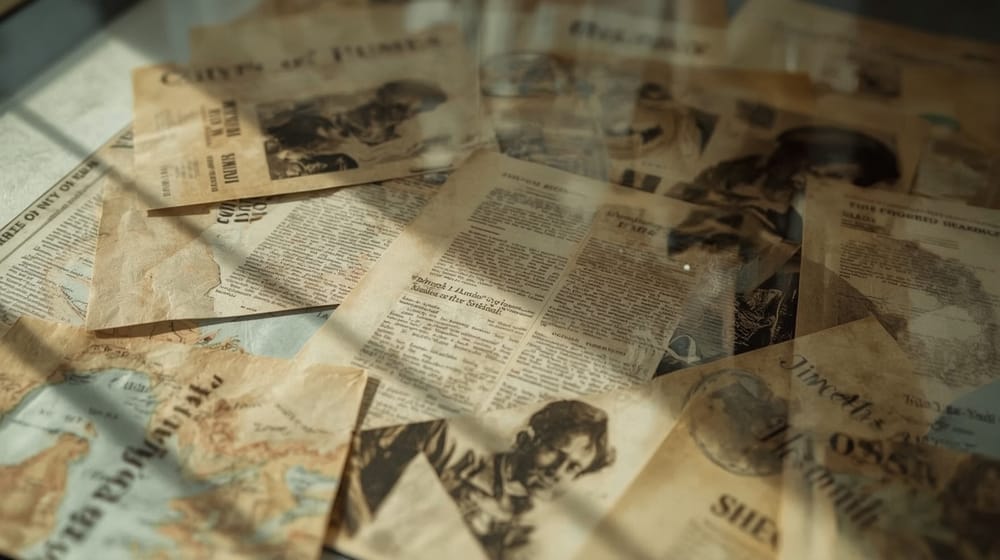 Immagine astratta iperrealistica con manoscritti, mappe e ritagli stampati sovrapposti. Simboleggia il rapporto tra verità, media e interpretazione storica.