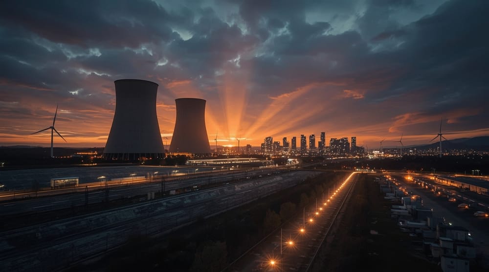Veduta al tramonto di una centrale nucleare con due torri di raffreddamento affiancata da turbine eoliche e una città moderna sullo sfondo.
