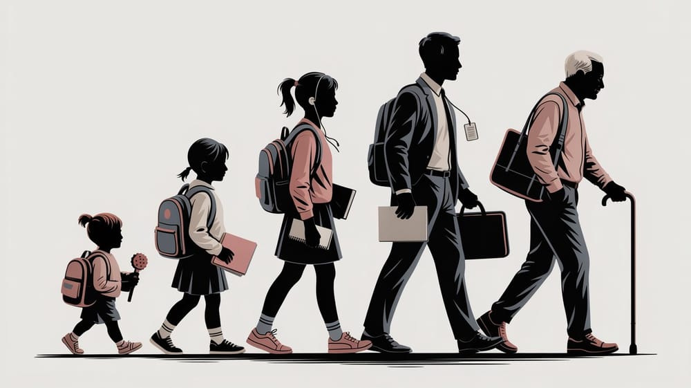 Illustrazione moderna con cinque figure in silhouette (senza volti) in progressione da sinistra a destra.