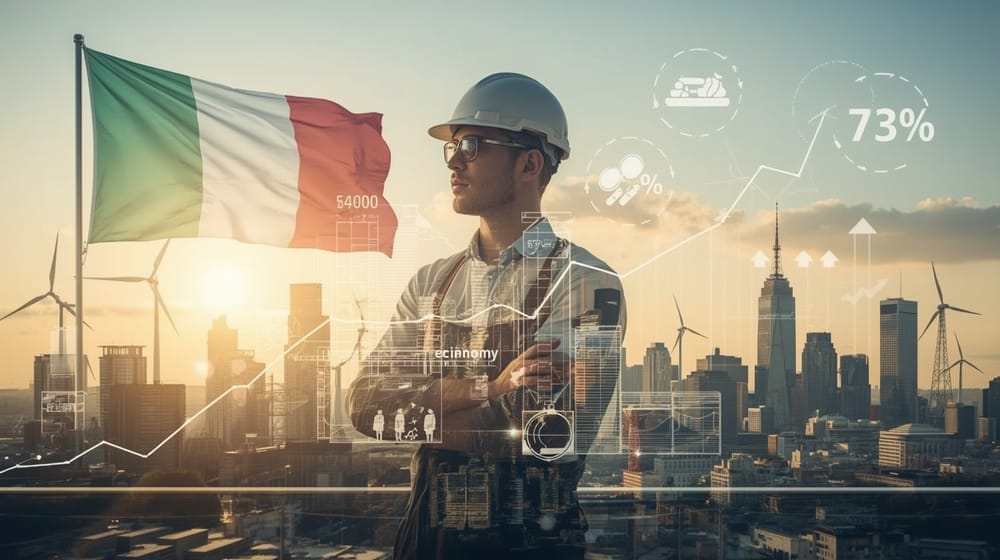 Visual iperrealistico in stile editoriale: un lavoratore in primo piano con la bandiera italiana su pennone e due numeri in sovrimpressione.