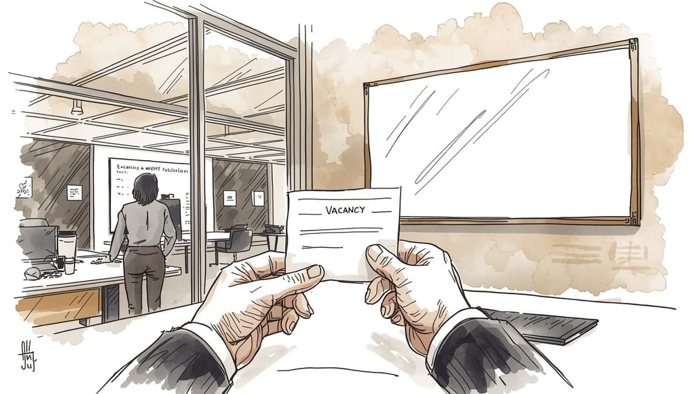 Illustrazione in stile sketch con acquerello: in primo piano due mani tengono un foglio con scritto “Vacancy”.