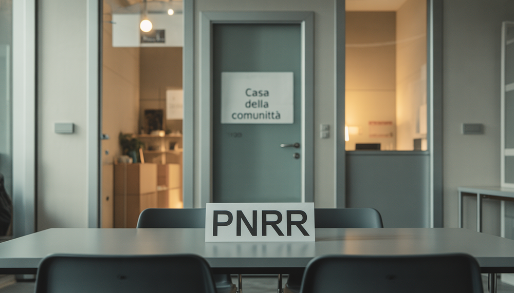 Cartello “PNRR” su un tavolo in una sala riunioni; sullo sfondo una porta con la scritta “Casa della comunità” in un ambiente sanitario moderno.