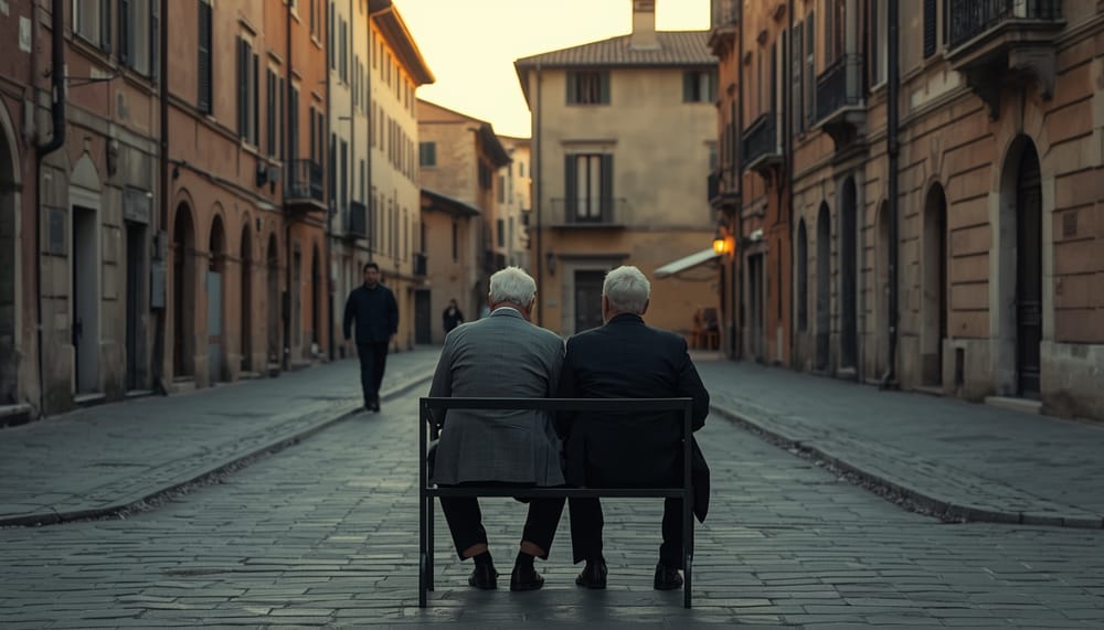 Foto in stile reportage al tramonto: due anziani di spalle seduti su una panchina al centro di una strada di un borgo italiano, con palazzi ai lati e un passante sullo sfondo.