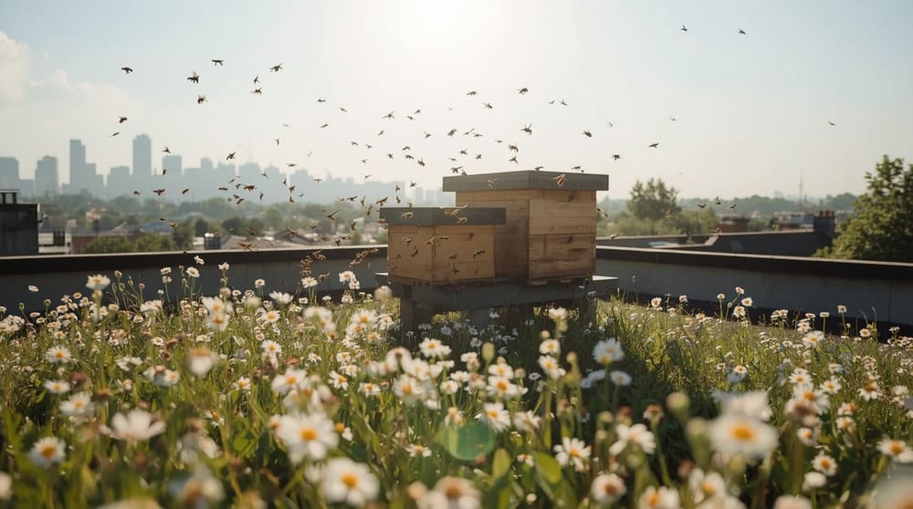 Api mellifere volano attorno a alveari su un tetto cittadino, con città sullo sfondo e prato in fiore sotto.