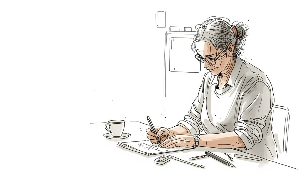 Illustrazione in stile china e acquerello: una donna seduta al tavolo scrive appunti con penna e fogli, con una tazza accanto e pochi oggetti sul piano.