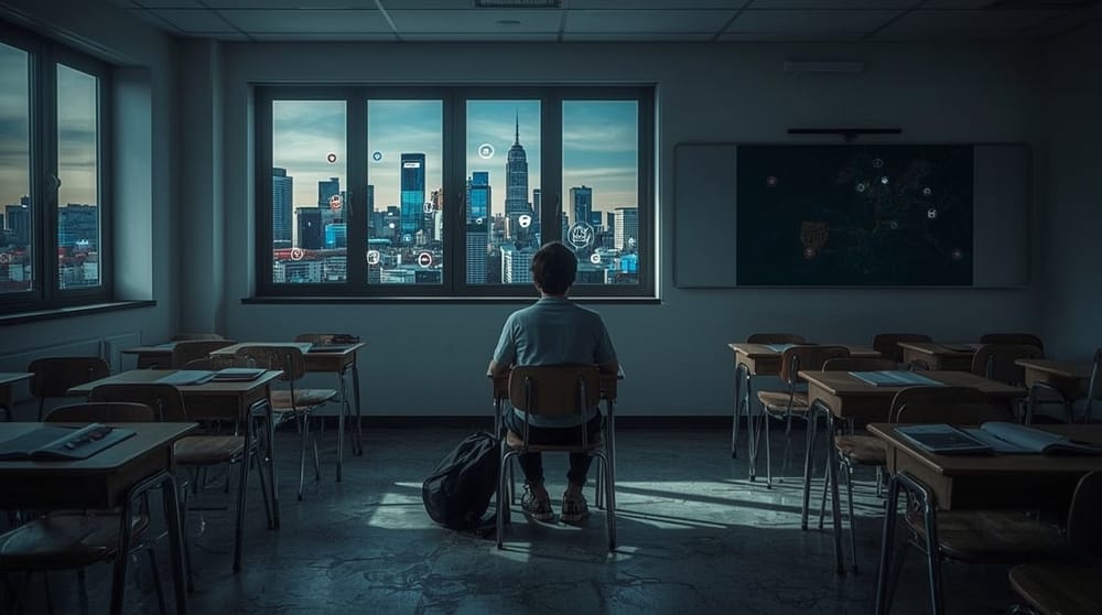 Aula scolastica semi vuota con banchi abbandonati e un solo studente, a simboleggiare la dispersione scolastica nell’era digitale.