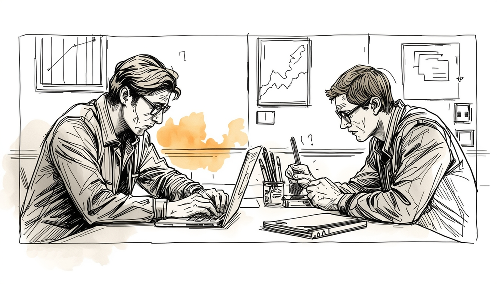 Illustrazione editoriale in bianco e nero con leggere macchie acquerellate: due uomini seduti a un tavolo in ufficio, uno digita su un laptop e l’altro prende appunti.