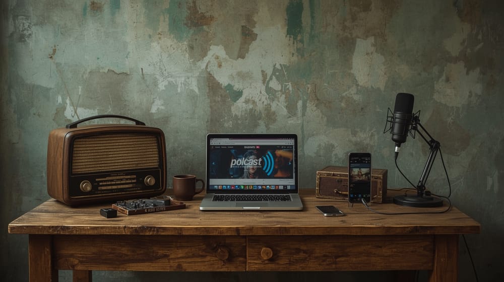 Radio vintage su un tavolo accanto a microfono da podcast, cuffie, laptop e smartphone con streaming generico.