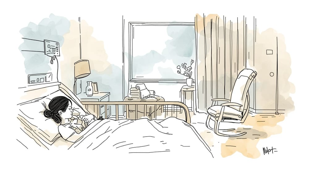 Illustrazione in stile china e acquerello di una stanza d’ospedale: una madre è a letto con il neonato accanto.