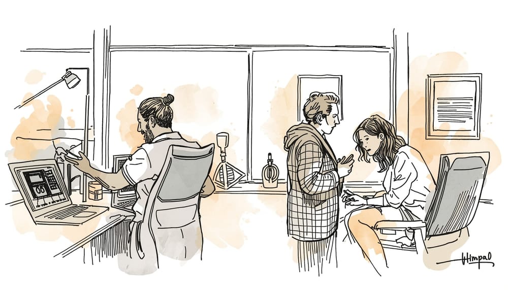 Illustrazione in stile acquerello e china di un ufficio startup: a sinistra una persona lavora a una scrivania con laptop e grafici, a destra due colleghi discutono vicino a una poltrona.