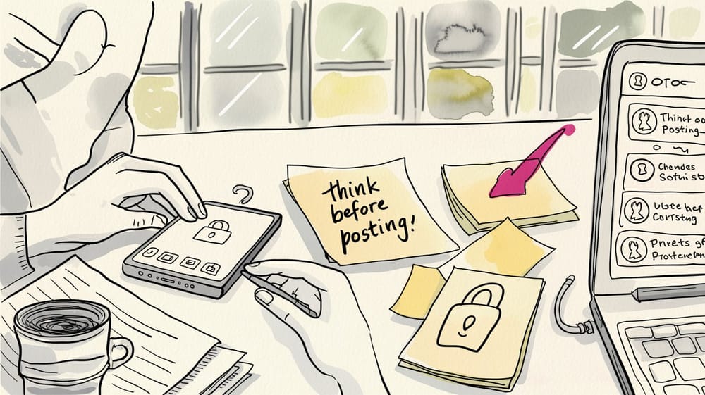 Illustrazione editoriale a inchiostro e acquerello con mani senza volto che usano smartphone e laptop su una scrivania.