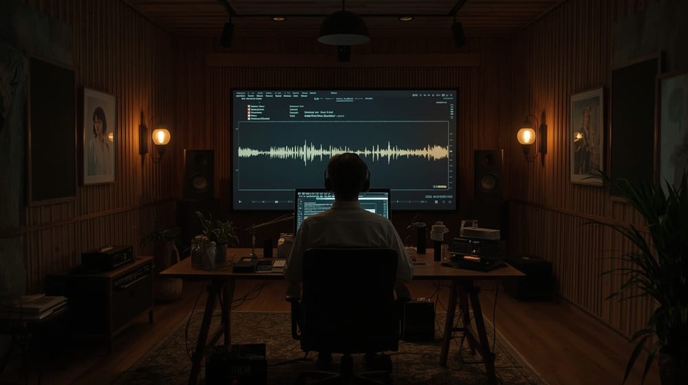 Professionista al lavoro su sottotitoli e audiodescrizione in uno studio di post-produzione audiovisiva.