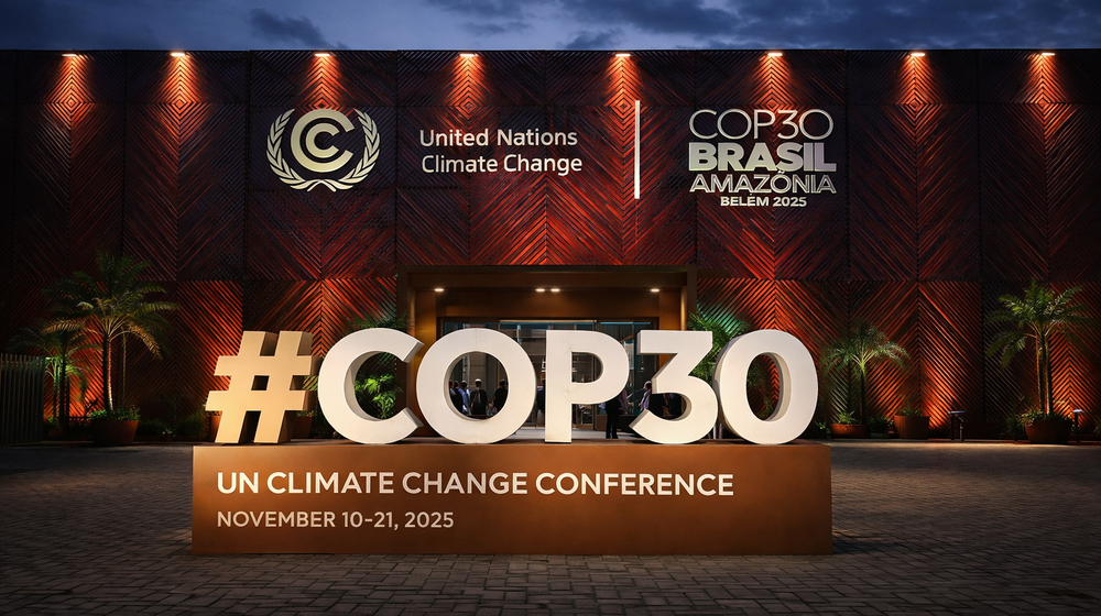 Vista frontale dell’ingresso della COP30 a Belém, Brasile, con grande installazione luminosa “#COP30”, logo delle Nazioni Unite e scritta “UN Climate Change Conference”.