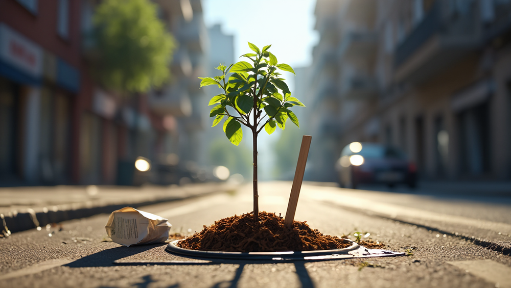 Primo piano di un giovane albero appena piantato su un marciapiede cittadino, con sacco d’irrigazione e pacciamatura.