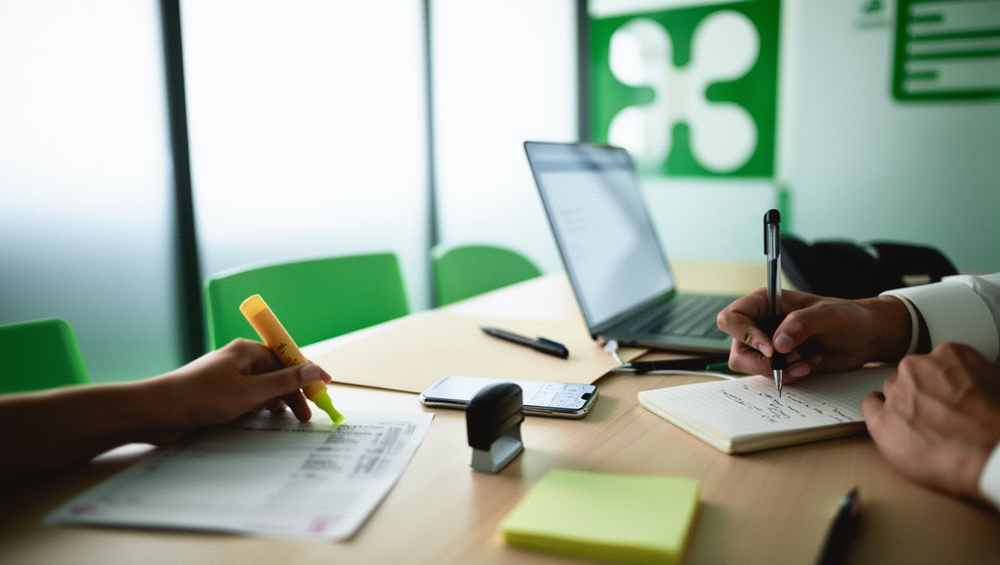 In uno sportello regionale, un cittadino mostra bollette e smartphone a un mediatore al tavolo.