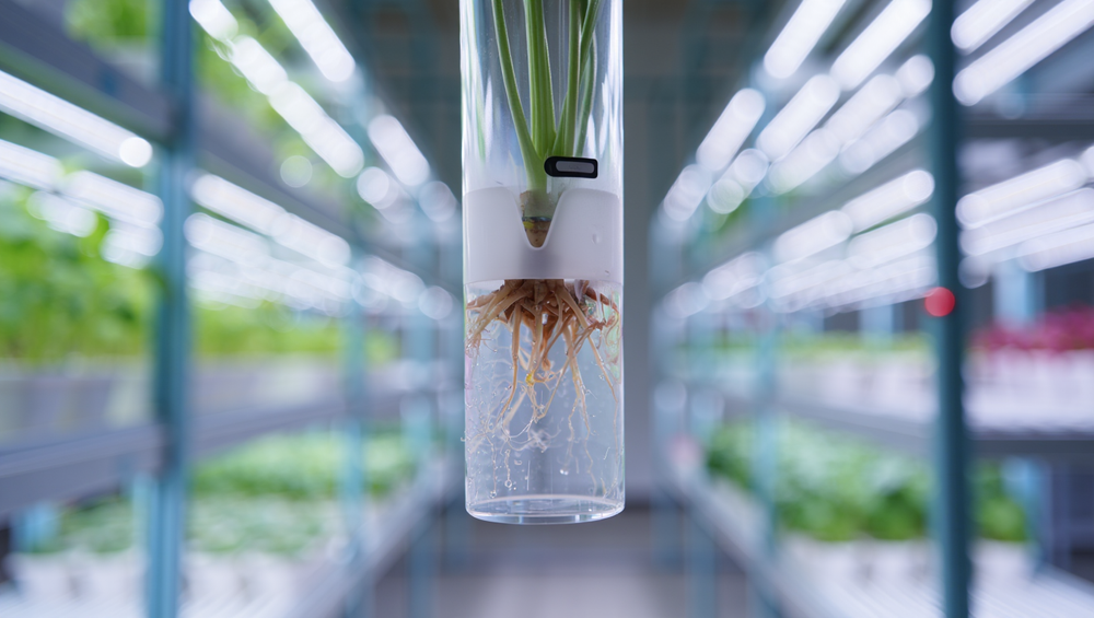 Primo piano iperrealistico di un modulo aeroponico in una vertical farm: pianta con radici sospese nebulizzate e un sensore IoT accanto.