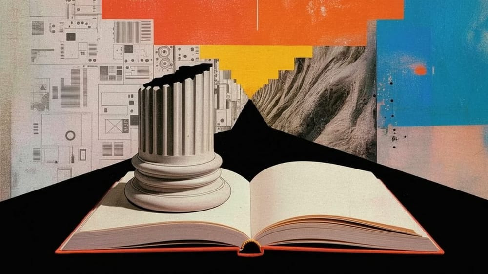 Libro aperto con una colonna classica spezzata sopra, sullo sfondo schemi tecnici e texture rocciosa con blocchi di colore, a suggerire il passaggio tra tradizione e tecnologia.