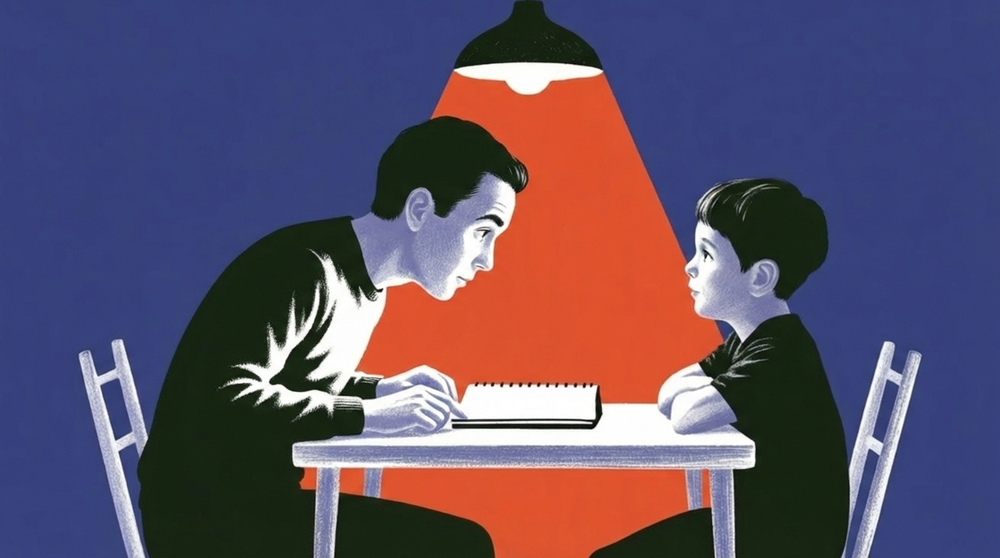Illustrazione editoriale. Un genitore e un bambino siedono uno di fronte all’altro a un tavolo, illuminati da una lampada dall’alto, durante una lezione domestica.