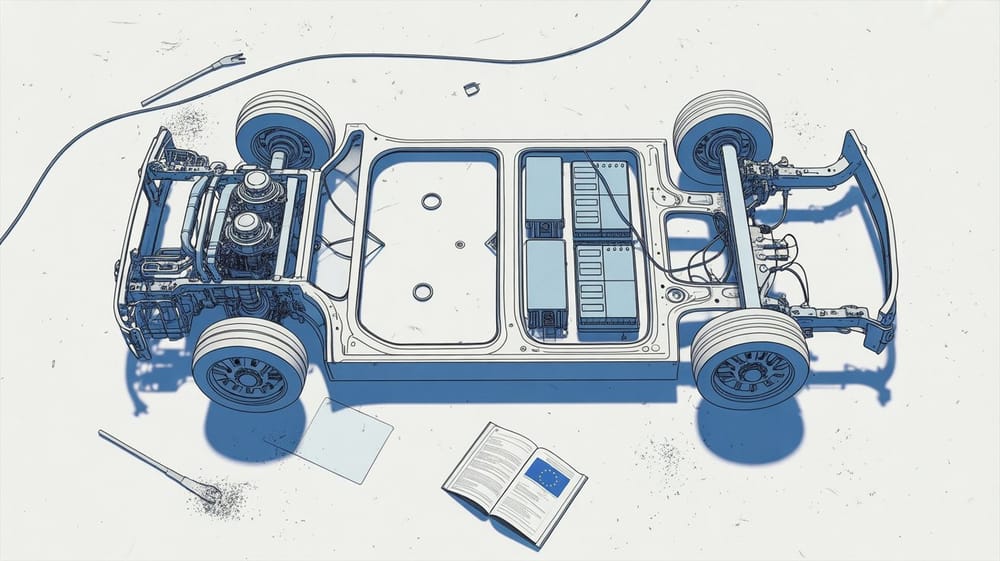 Vista dall’alto di un telaio automobilistico diviso tra motore termico e batterie elettriche, con un manuale aperto recante il simbolo dell’Unione Europea. 