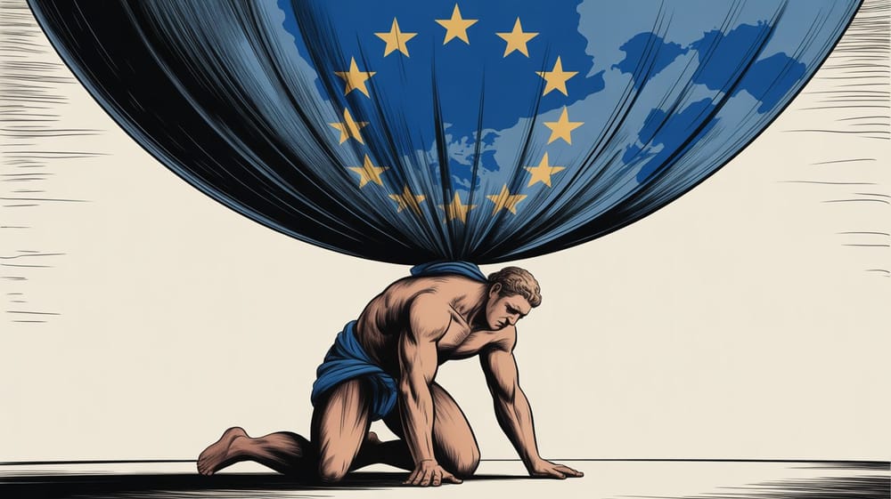 Atlante in ginocchio che sostiene un grande drappo con le stelle dell’Unione Europea.