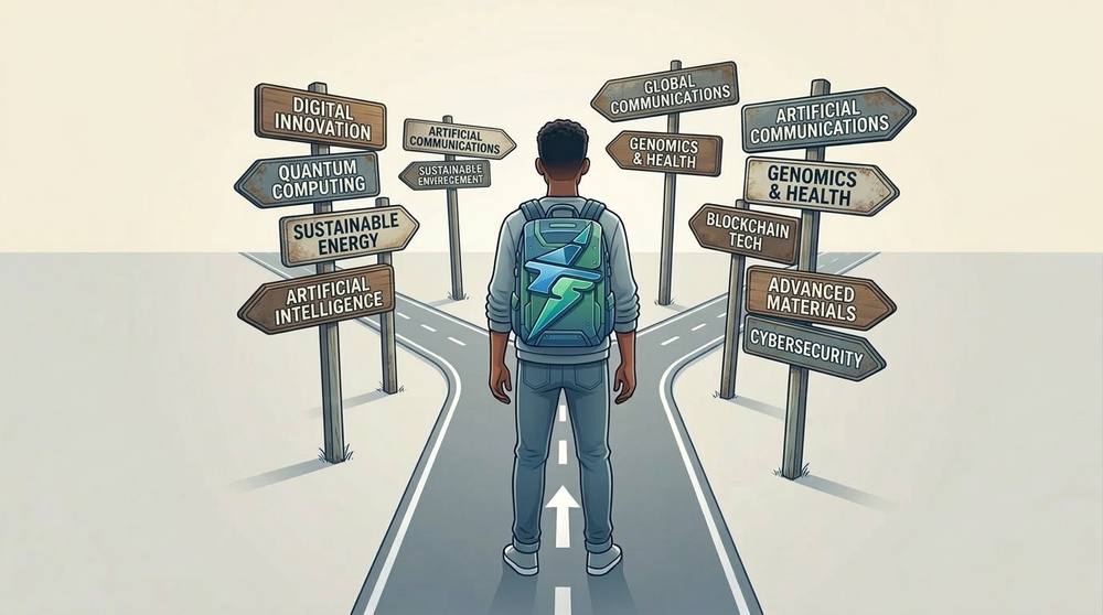 Illustrazione in stile 3D flat di un ragazzo visto di spalle con uno zaino che riporta un logo tecnologico a forma di saetta blu e verde.