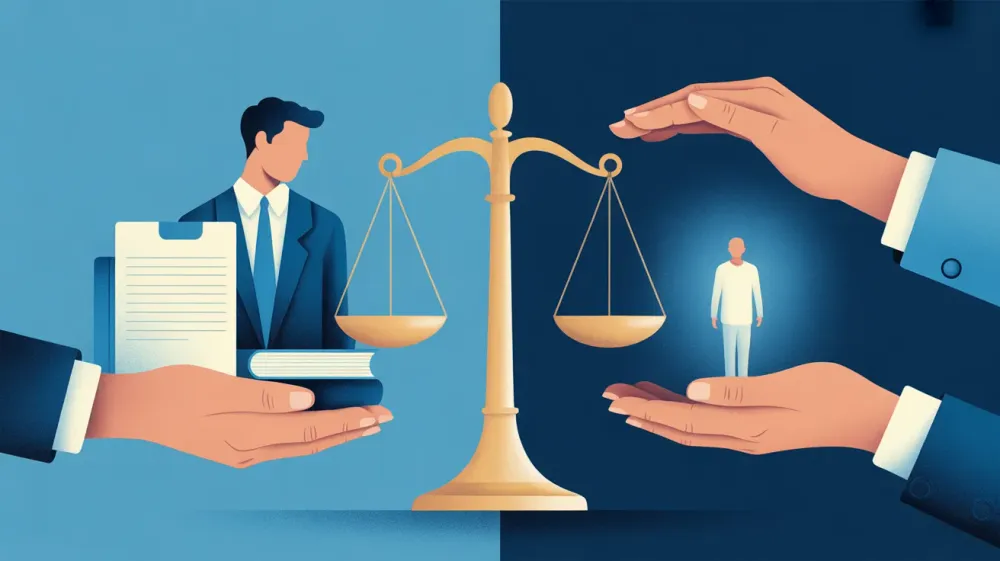 Bilancia della giustizia stilizzata che mette in equilibrio fascicoli legali e simboli astratti di assistenza familiare.