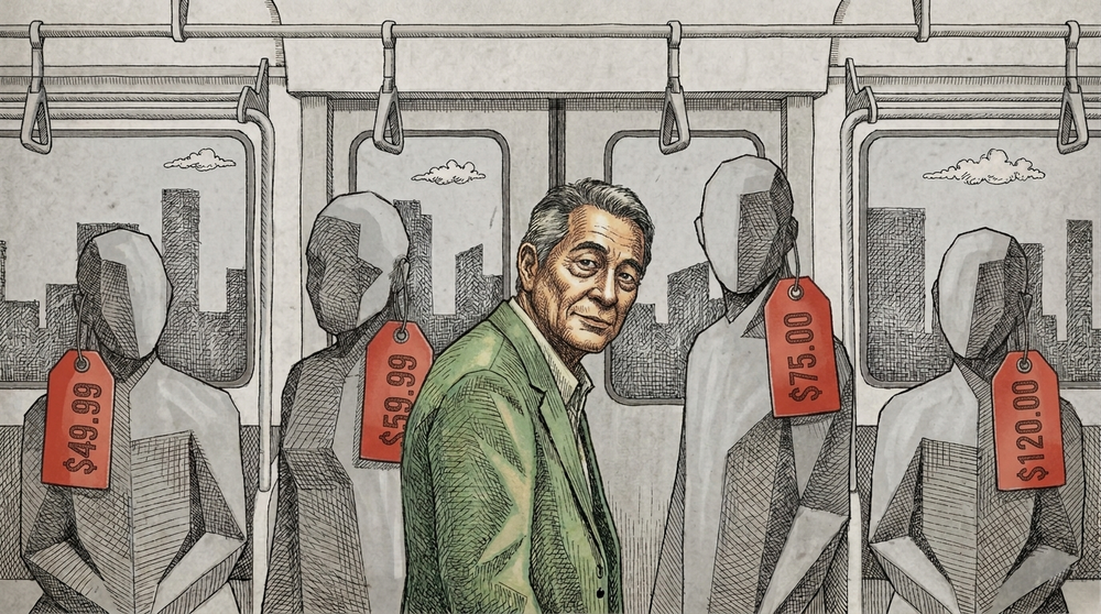 Un'illustrazione a fumetti editoriale che raffigura l'interno di un vagone della metropolitana. Al centro, un uomo di mezza età guarda dritto lo spettatore.