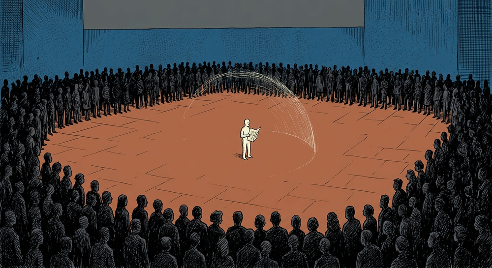 Illustrazione editoriale in stile Koren Shadmi. Una figura solitaria illuminata al centro di una piazza buia regge un documento; tutto intorno, centinaia di silhouette anonime.