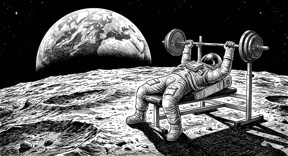  Illustrazione in bianco e nero in stile incisione: un astronauta in tuta spaziale solleva un bilanciere su una panca da palestra posizionata sulla superficie lunare.