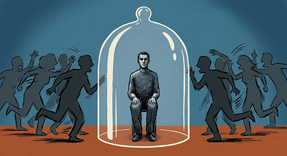 Illustrazione editoriale in stile Koren Shadmi. Una figura solitaria siede immobile all'interno di una campana di vetro trasparente.