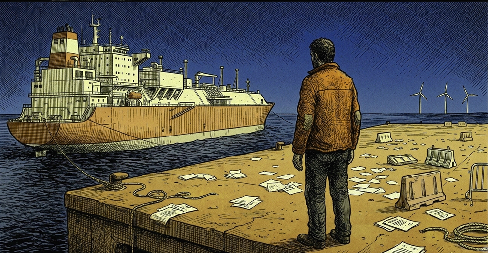 Figura solitaria su un molo portuale guarda una petroliera attraccata a sinistra e turbine eoliche lontane all'orizzonte a destra.