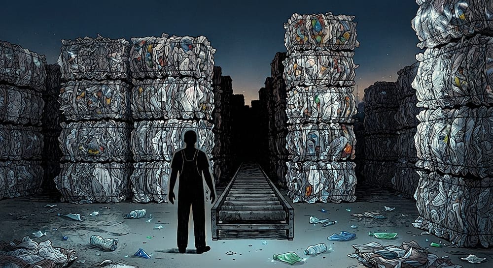 Una figura scura osserva un'enorme parete di balle di plastica compressa impilate contro un cielo blu scuro.