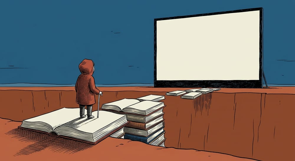 Figura anonima con bastone bianco, di spalle, su un ponte di libri aperti incompiuto davanti a un grande schermo bianco.
