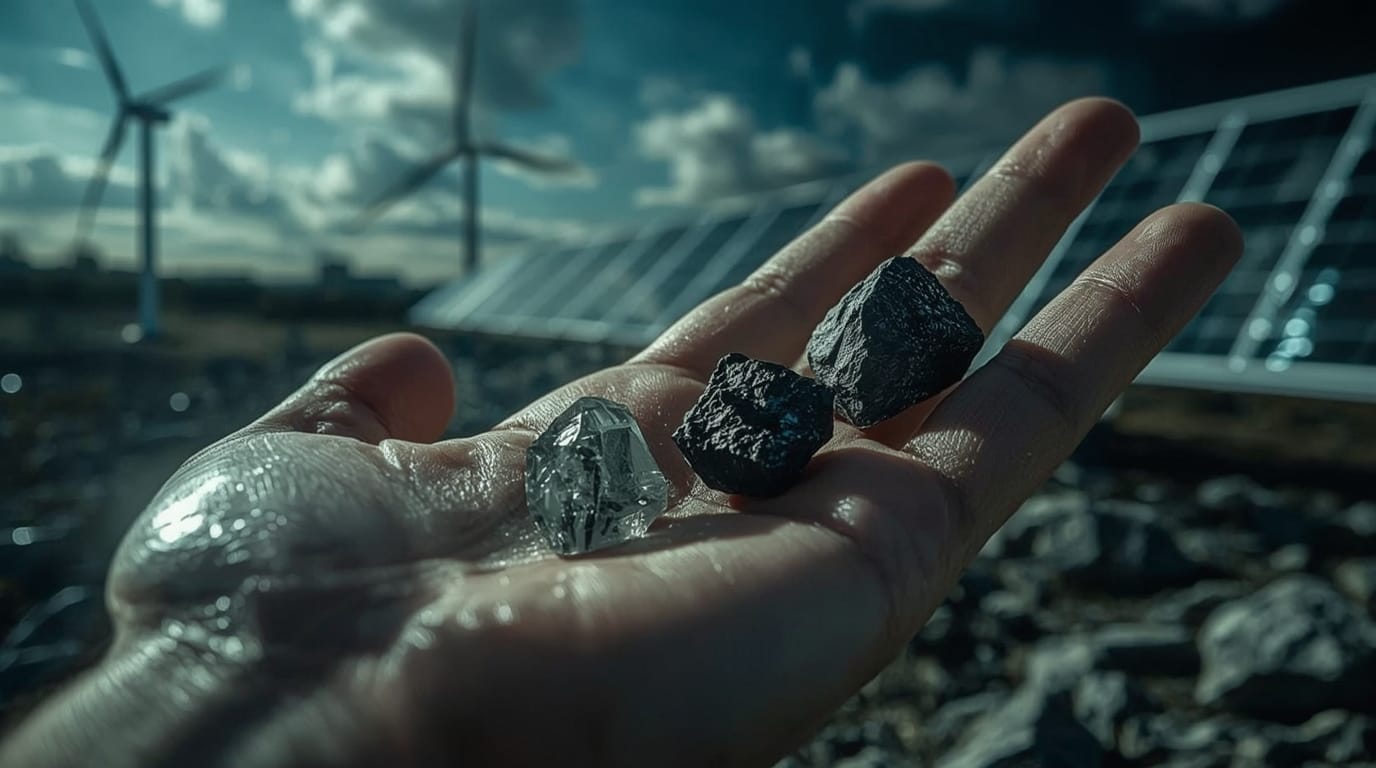 Mano in primo piano che regge campioni di litio, cobalto e terre rare. Sullo sfondo sfocato si intravedono turbina eolica, pannelli solari e microchip, simboli della transizione energetica.