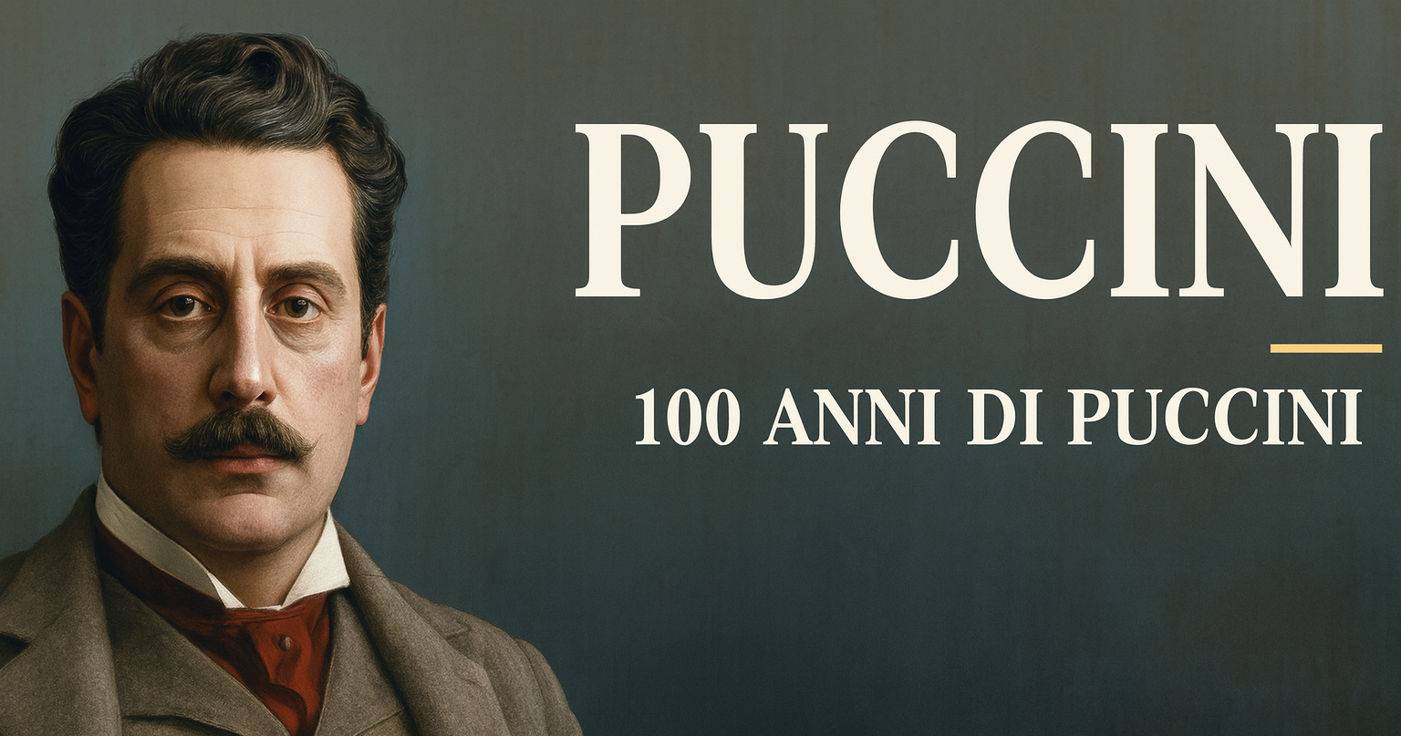 Ritratto iperrealistico di Giacomo Puccini in 3/4, con luce naturale e sfondo neutro, stile editoriale museale.