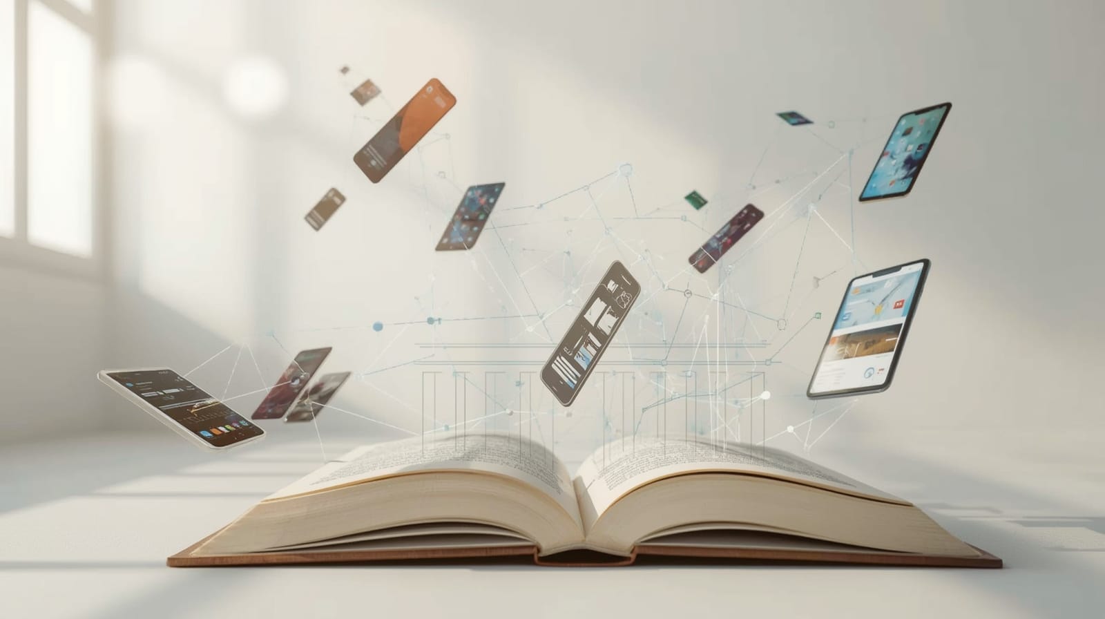 Illustrazione astratta iperrealistica con elementi digitali, pannelli UI, fibre ottiche e libro aperto che rappresentano la scuola digitale.