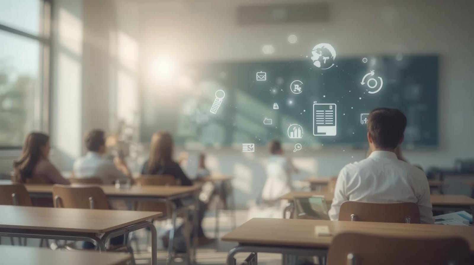 Illustrazione astratta con libri, flussi di dati e simboli digitali che rappresentano la trasformazione della scuola italiana.