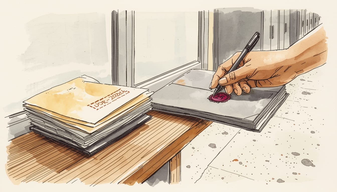 Illustrazione con una pila di fascicoli e documenti su un tavolo (in evidenza la scritta “DPR 275/99”) e una mano che appone un timbro rosso con “25” su un foglio.