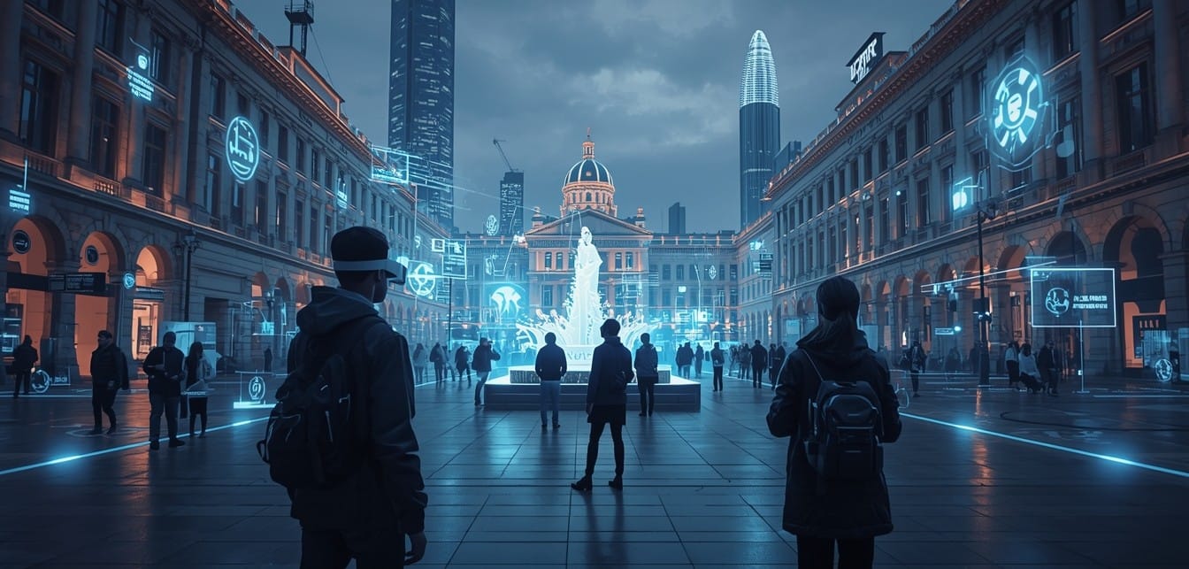 Persone in una piazza futuristica usano visori VR/AR e interagiscono con ologrammi e avatar, con infrastrutture 5G e ambienti digitali sovrapposti al mondo reale.