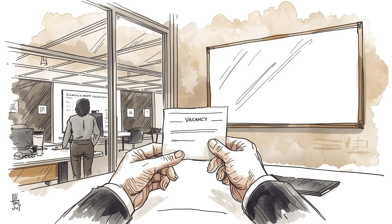 Illustrazione in stile sketch con acquerello: in primo piano due mani tengono un foglio con scritto “Vacancy”.