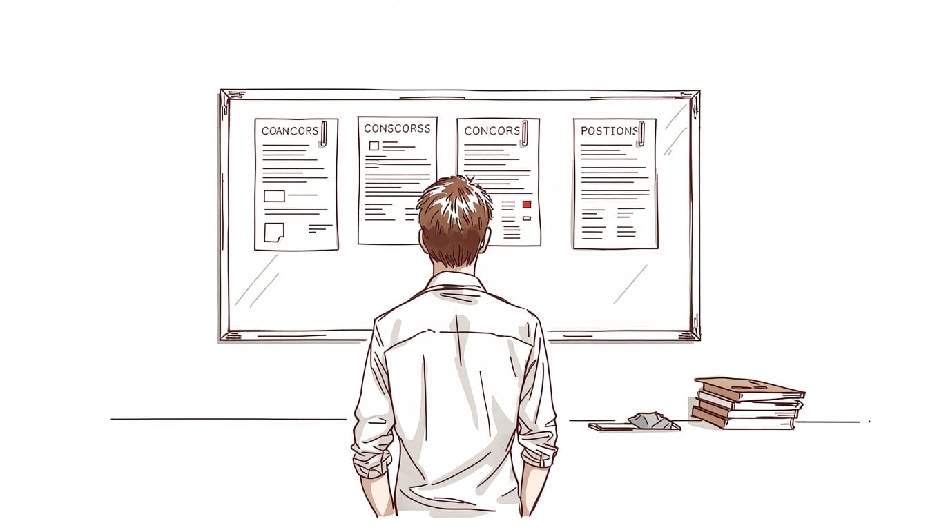 Illustrazione editoriale: un ragazzo visto di spalle osserva una bacheca con avvisi di concorsi e posizioni; a destra ci sono pile di fascicoli e documenti su un piano.