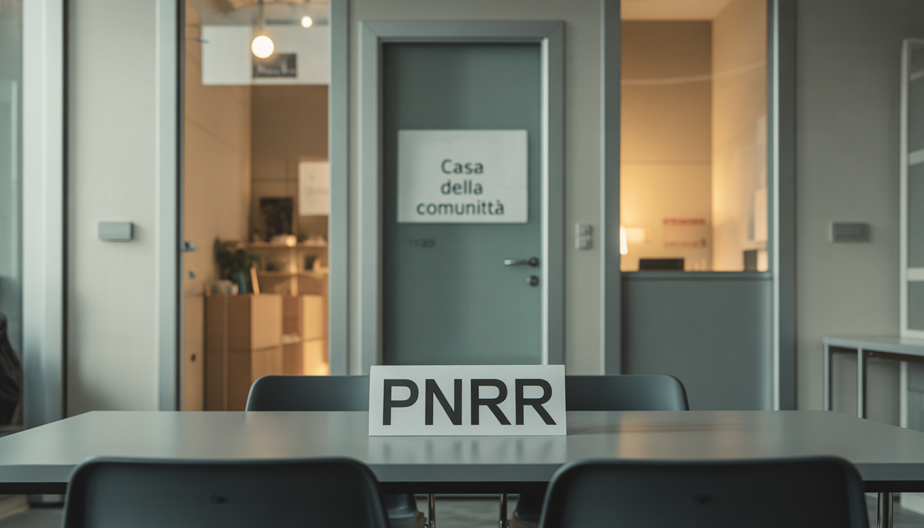 Cartello “PNRR” su un tavolo in una sala riunioni; sullo sfondo una porta con la scritta “Casa della comunità” in un ambiente sanitario moderno.