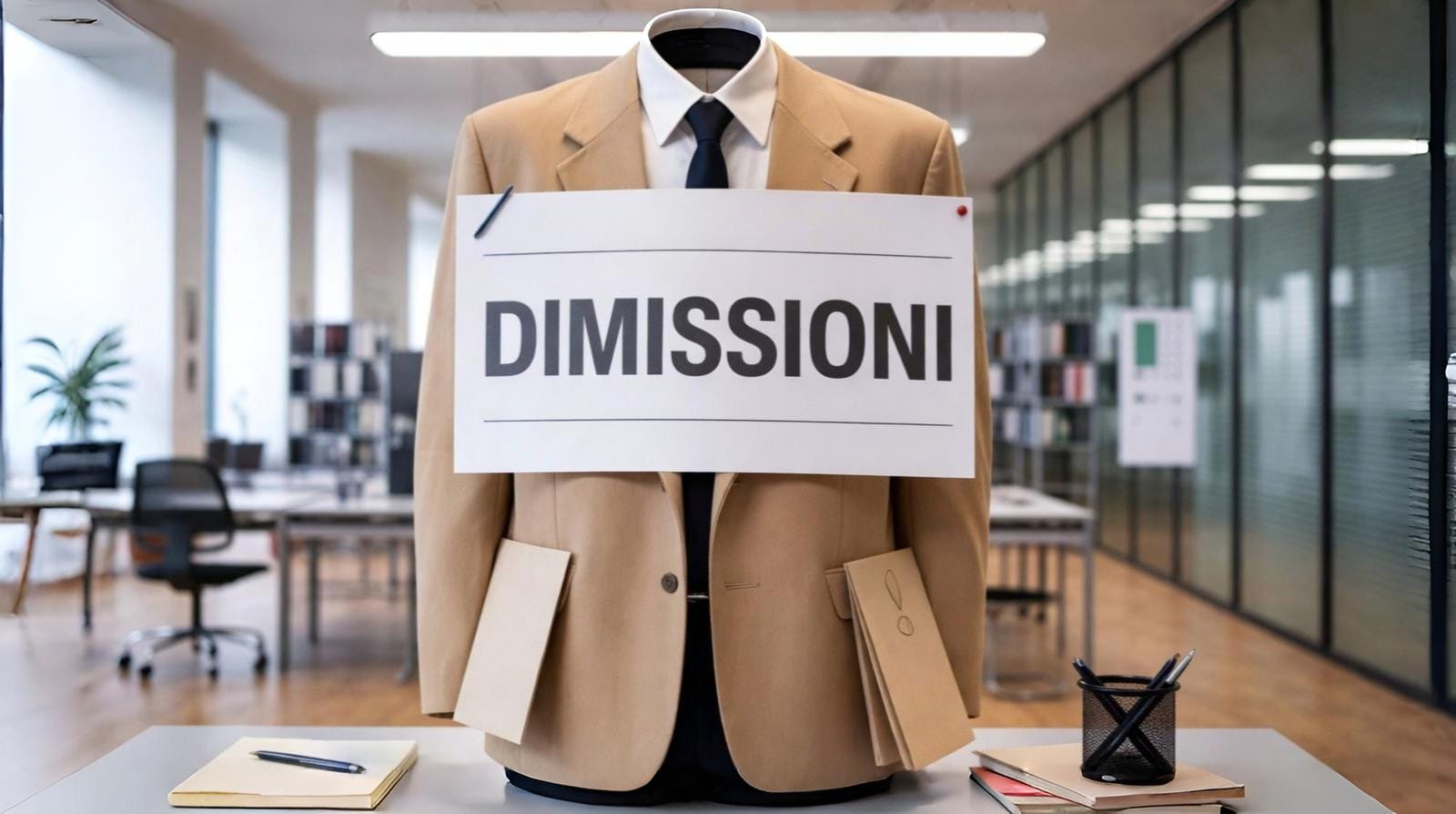 Ufficio moderno sullo sfondo; al centro una giacca con cartello “DIMISSIONI” appeso, su una scrivania con taccuino e penne.