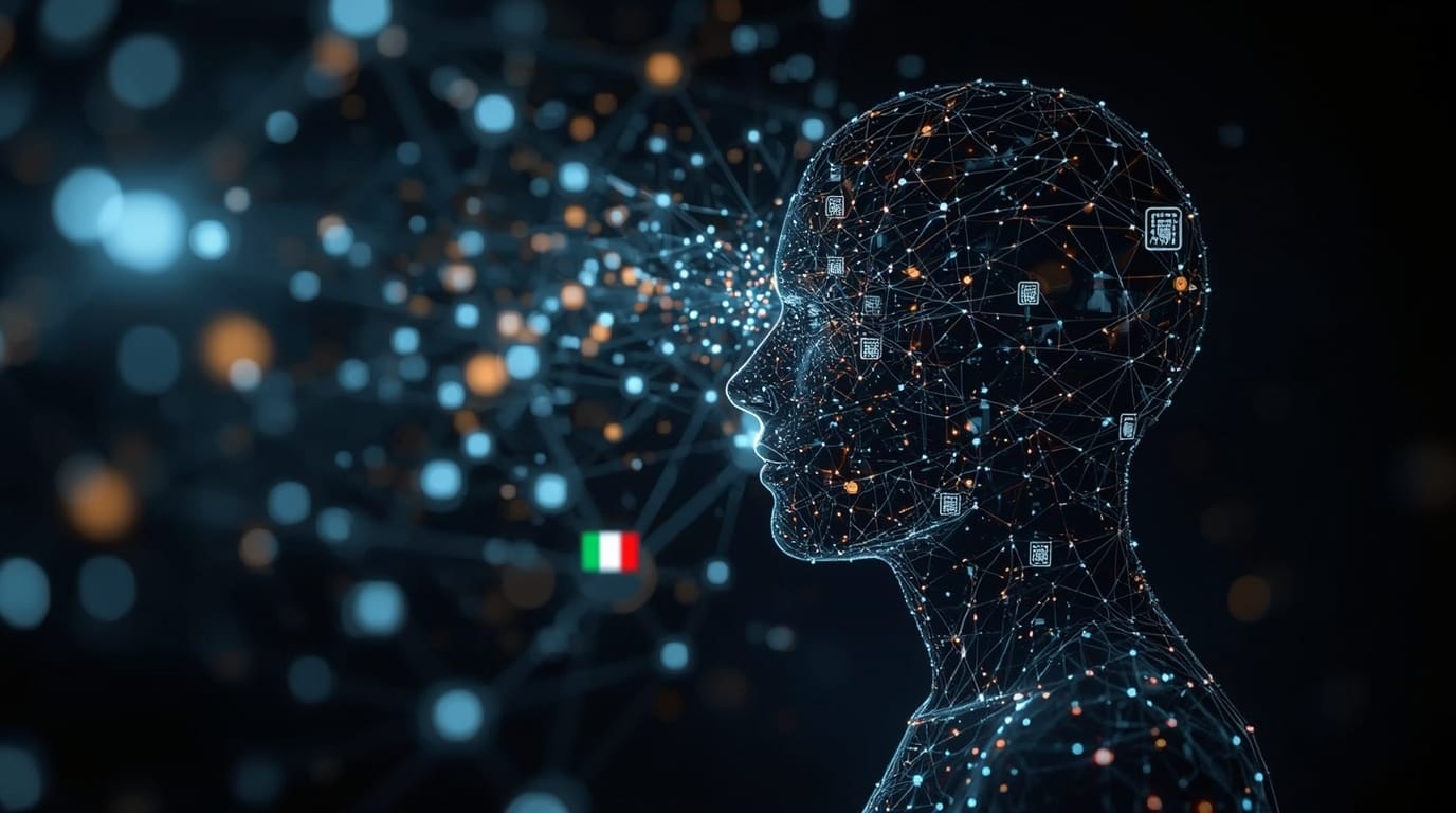 Figura umana composta da fili luminosi e simboli digitali, metafora dell’identità nel mondo digitale.