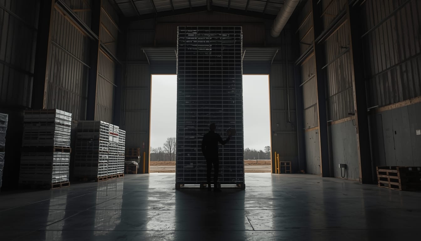 Interno di un grande capannone logistico: al centro una torre alta di pallet impilati davanti all’apertura luminosa del magazzino.
