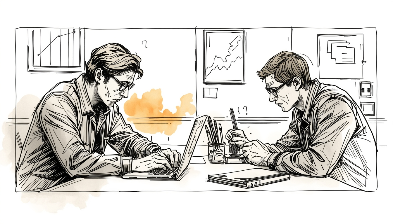 Illustrazione editoriale in bianco e nero con leggere macchie acquerellate: due uomini seduti a un tavolo in ufficio, uno digita su un laptop e l’altro prende appunti.