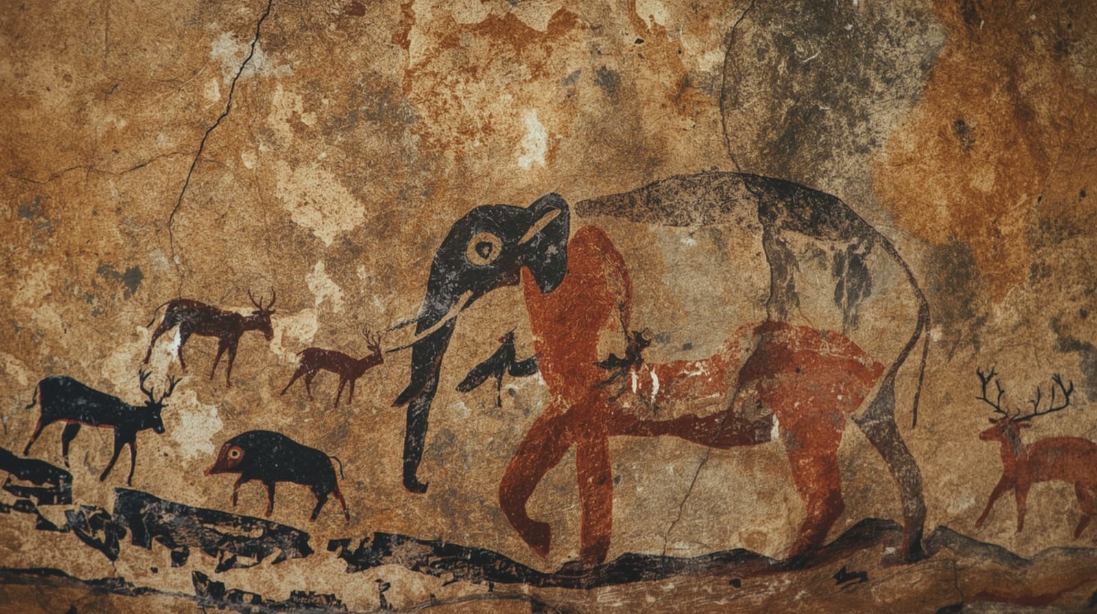 Pittura rupestre stilizzata raffigurante grandi animali preistorici in un paesaggio caldo, dipinta con pigmenti naturali su una parete di roccia.